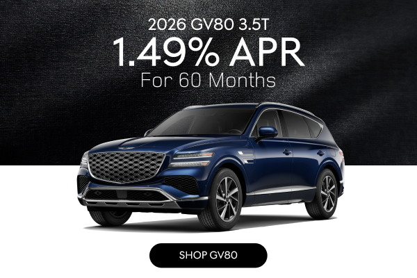 2026 Genesis GV80 3.5T in blue with promotional offer of 1.49% APR for 60 months.