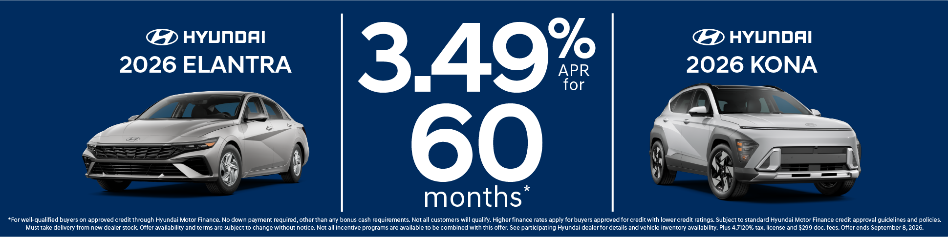 3.49% apr for 60 months on Elantra and Kona