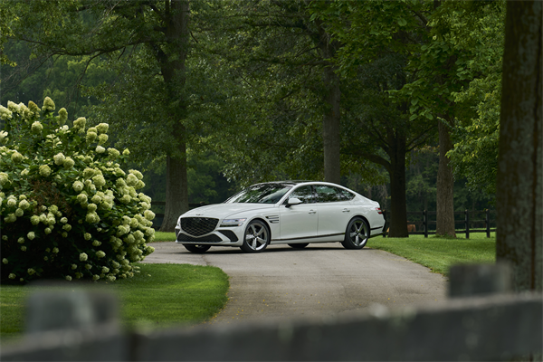 White 2027 Genesis G80 parked near grass