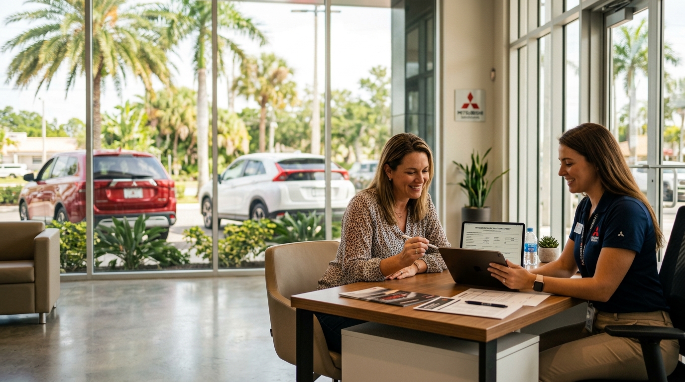 A woman reviews digital documents on a tablet with a Mitsubishi dealership representative at a wooden desk. (Representative image for illustration purposes only. Actual vehicle may vary based on trim and configuration.)