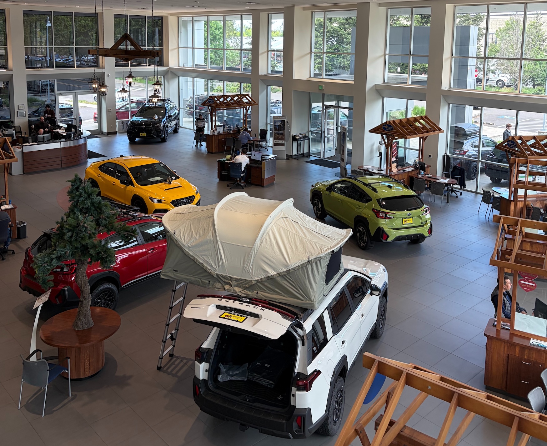 Showroom interior at Wilsonville Subaru with new vehicles on display