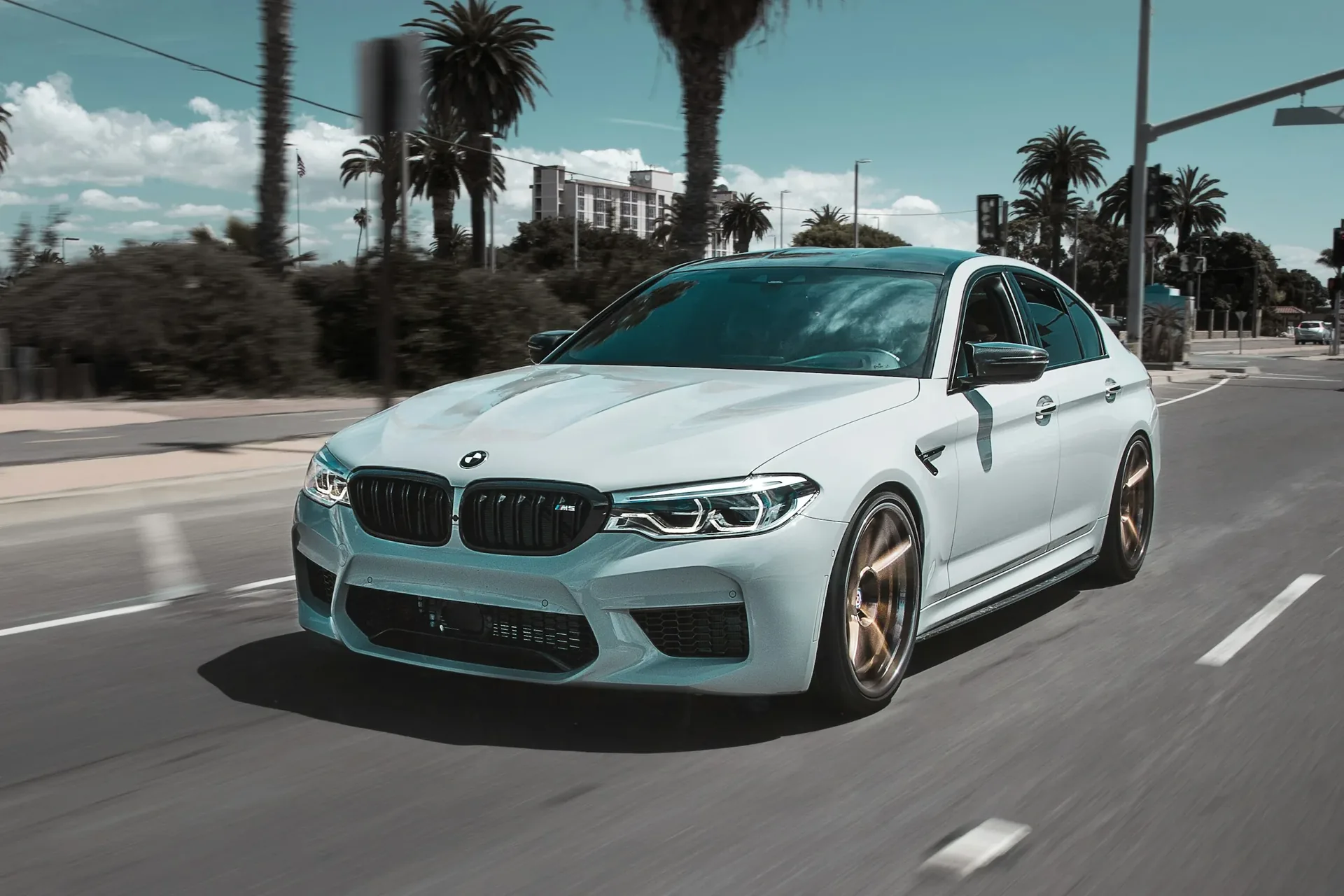Dark BMW M5 sedan parked curbside on a palm tree-lined street, with the M5 badge and BMW roundel visible on the front grille surround
