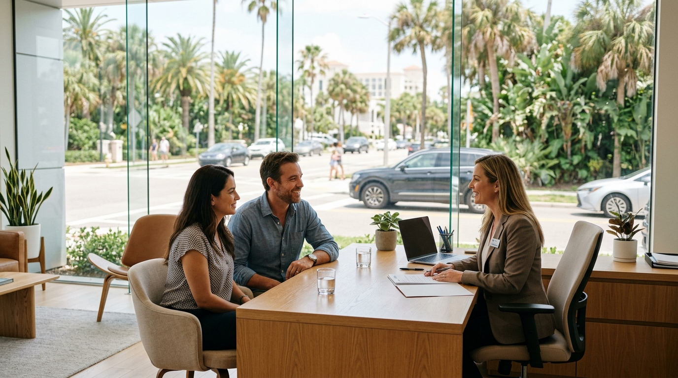 A smiling couple sitting at a desk during a consultation with a female advisor in a modern, glass-walled office. (Representative image for illustration purposes only. Actual vehicle may vary based on trim and configuration.)