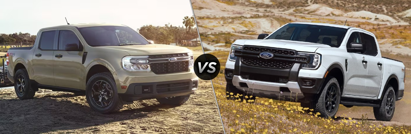 Tan 2024 Ford Maverick on a Beach vs White 2024 Ford Ranger on a Hillside