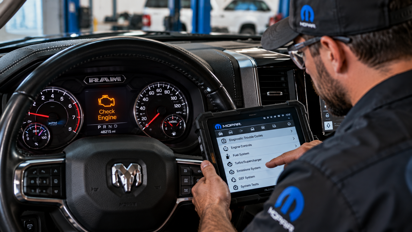 Mopar technician diagnosing a 6.7L Cummins Turbo Diesel RAM heavy-duty truck at Bonham Chrysler in Bonham, TX