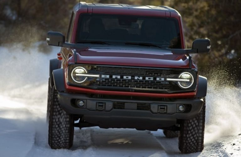 Red 2023 Ford Bronco Front on Snowy Trail