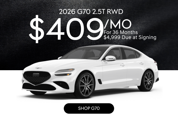 2026 Genesis G70 2.5T RWD in white with lease offer of $409 per month for 36 months and $4,999 due at signing.