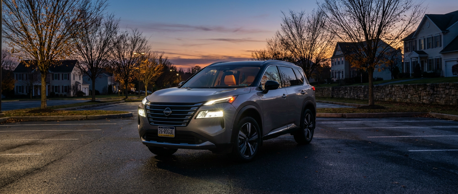2026 Nissan Rogue with LED headlights on at dusk in a Warminster, PA suburban parking lot in autumn