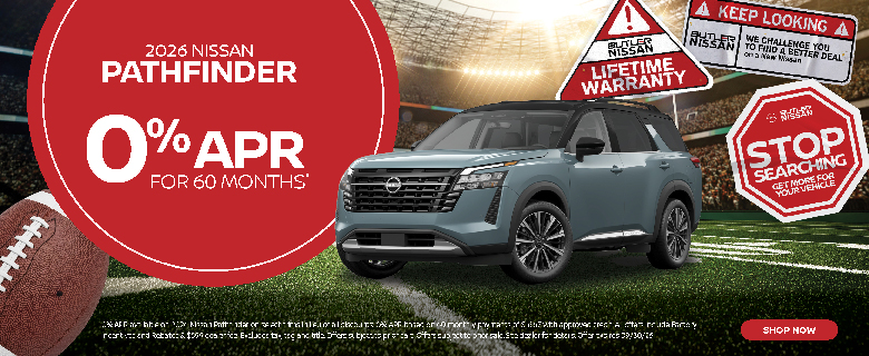 2026 Nissan Pathfinder SUV with 0% APR financing for 60 months at Butler Nissan