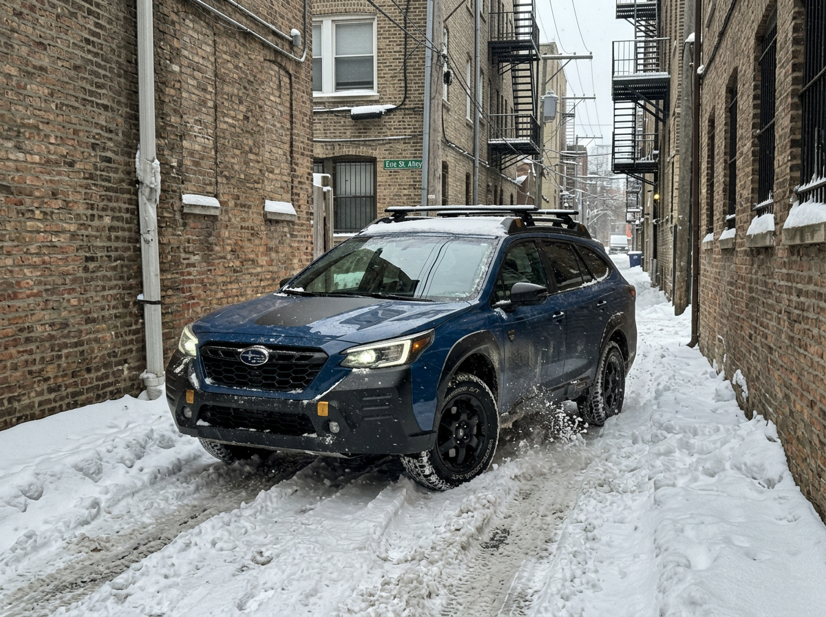 Alley with snow berms and parked vehicles after plowing
