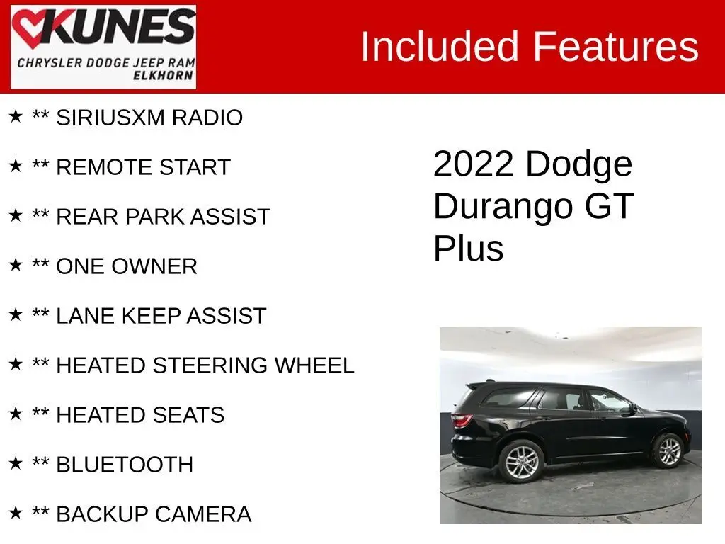 Used 2022 Dodge Durango GT Plus with VIN 1C4RDJDG5NC220605 for sale in Elkhorn, WI