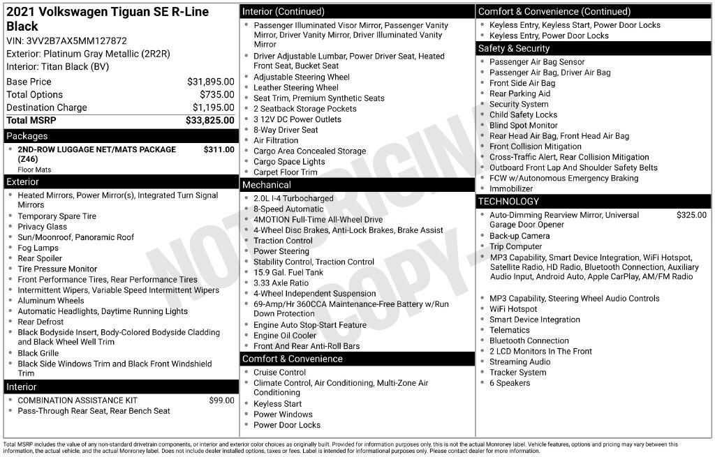 Used 2021 Volkswagen Tiguan SE R-LINE BLACK with VIN 3VV2B7AX5MM127872 for sale in North Hampton, NH
