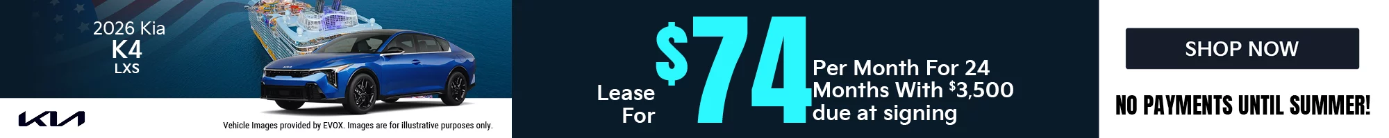 2026 Kia K4 LXS Lease for $74 per month with $3,500 due at signing