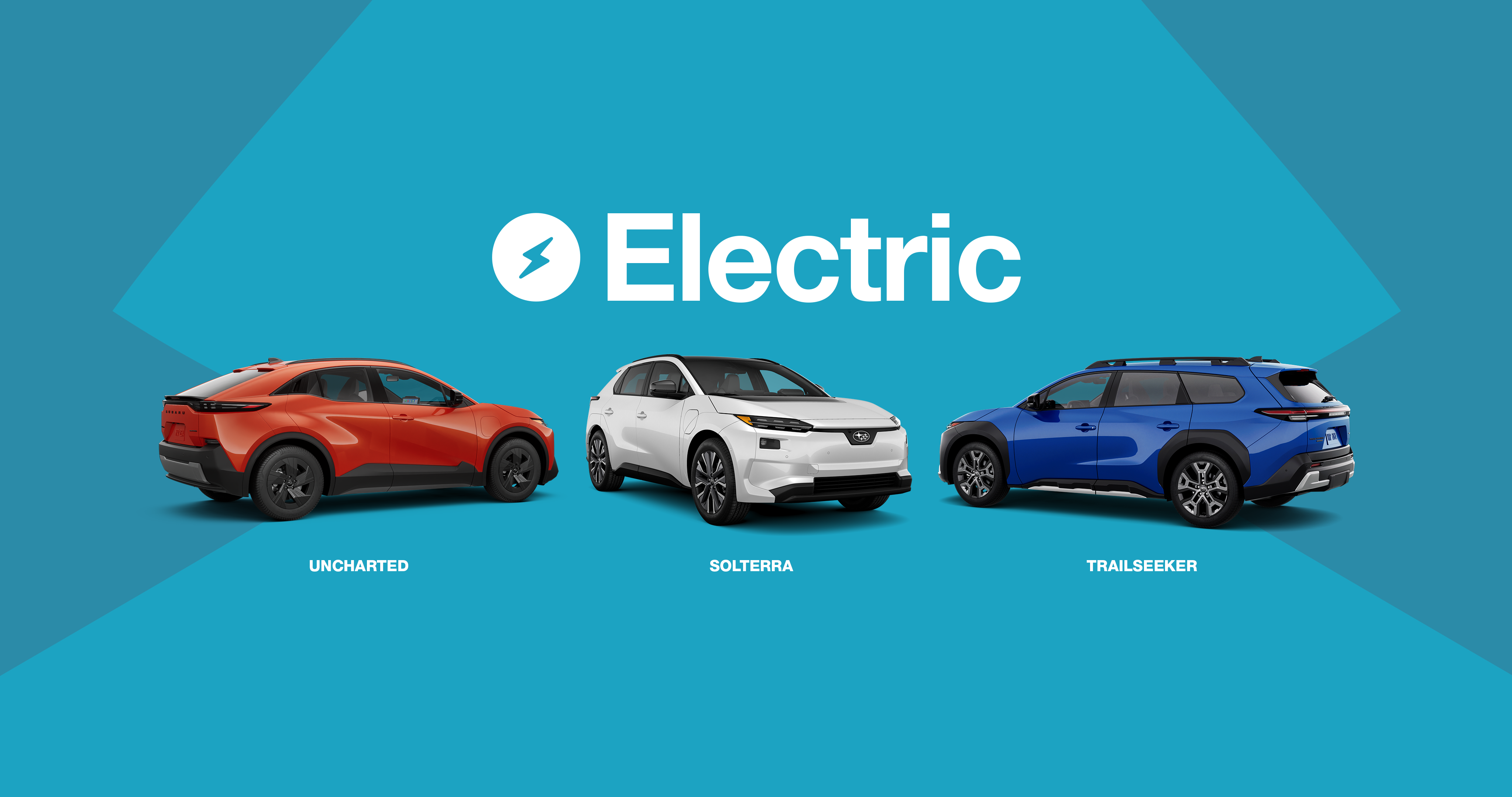 Three Subaru electric vehicles displayed on a blue background with the word ‘Electric’ and a lightning bolt icon above them. From left to right: a red Subaru Uncharted, a white Subaru Solterra, and a blue Subaru Trailseeker.