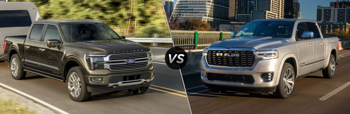 Gray 2025 Ford F-150 Towing Trailer vs Silver 2025 Ram 1500 Tungsten on City Street