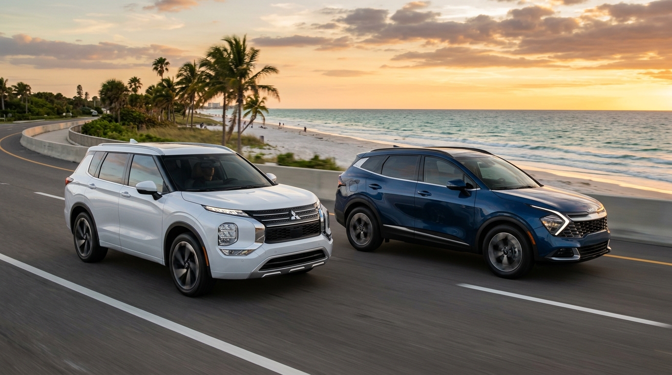 A white Mitsubishi Outlander and a dark blue Kia Sportage driving along a scenic coastal highway at sunset. (Representative image for illustration purposes only. Actual vehicle may vary based on trim and configuration.)