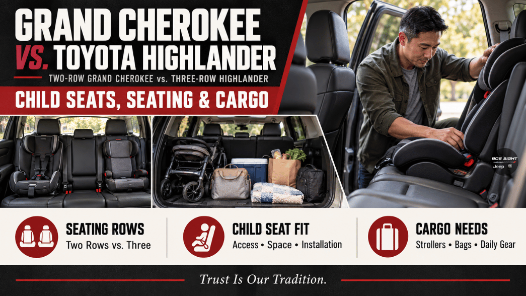 Jeep Grand Cherokee vs. Toyota Highlander family seating and cargo comparison graphic for Lawrence, KS shoppers