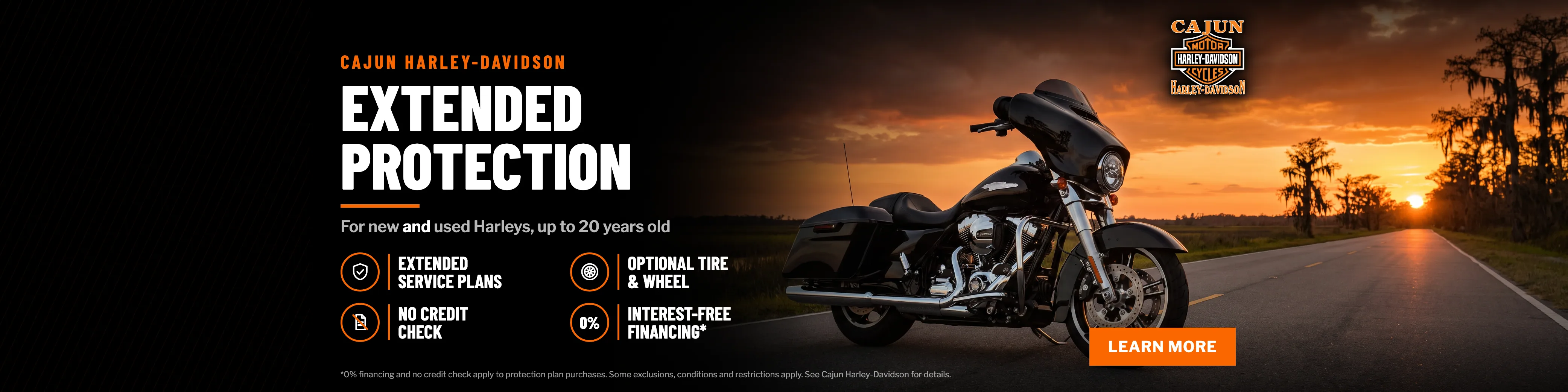 Extended Protection at Cajun Harley-Davidson: extended service plans, optional tire and wheel, no credit check, interest-free financing