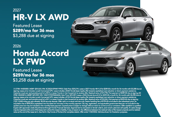 New 2027 Honda HR-V LX AWD & New 2026 Honda Accord LX FWD