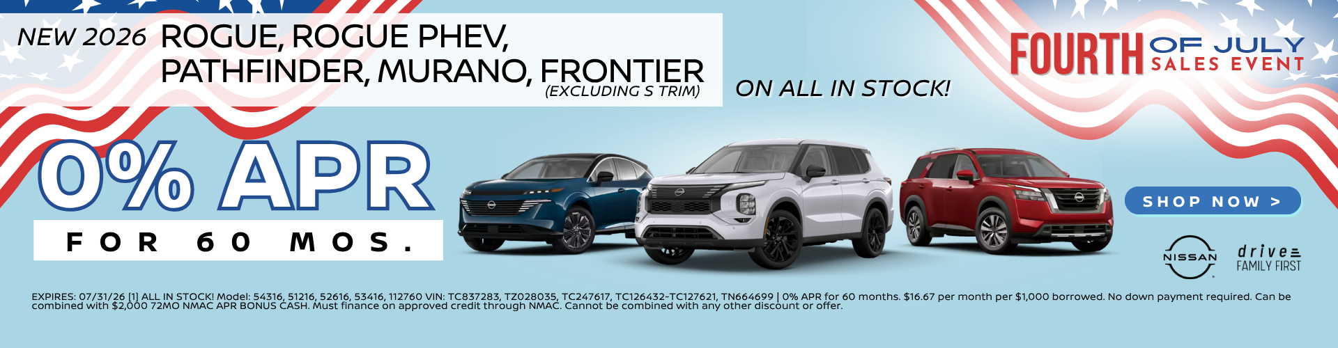 2026 Nissan ROGUE, ROGUE PHEV, PATHFINDER, MURANO, FRONTIER 0apr