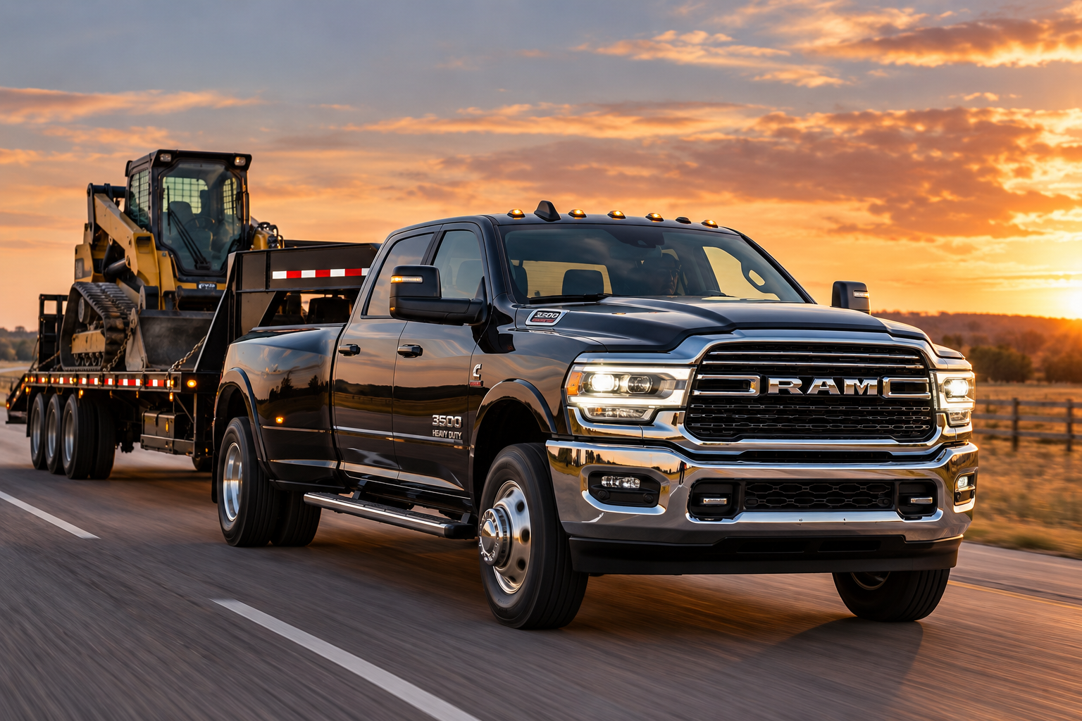 RAM 3500 Heavy Duty diesel truck towing construction equipment on a trailer during heavy-duty work
