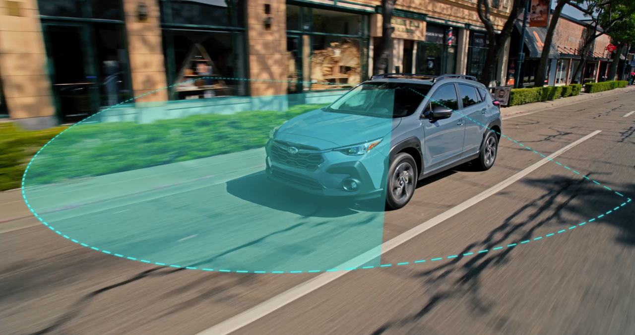 A Subaru detects another car with Automatic Emergency Steering activated.