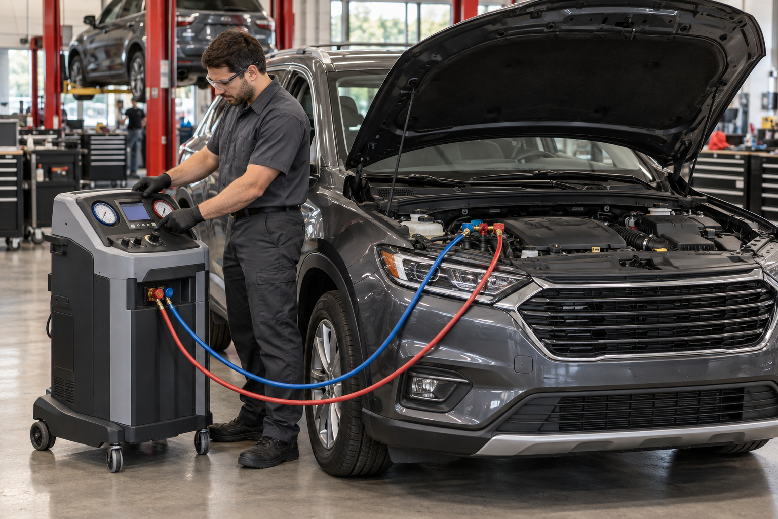 Illustration of a technician checking an SUV’s air conditioning system with service equipment.
