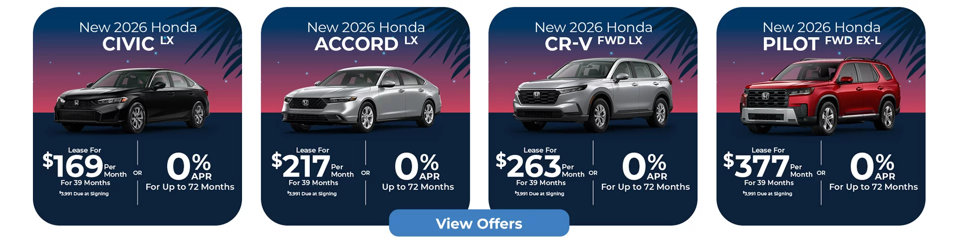 New 2026 Honda Civic LX, New 2026 Accord LX, New 2026 Honda CR-V FWD LX, New 2026 Honda Pilot FWD EX-L