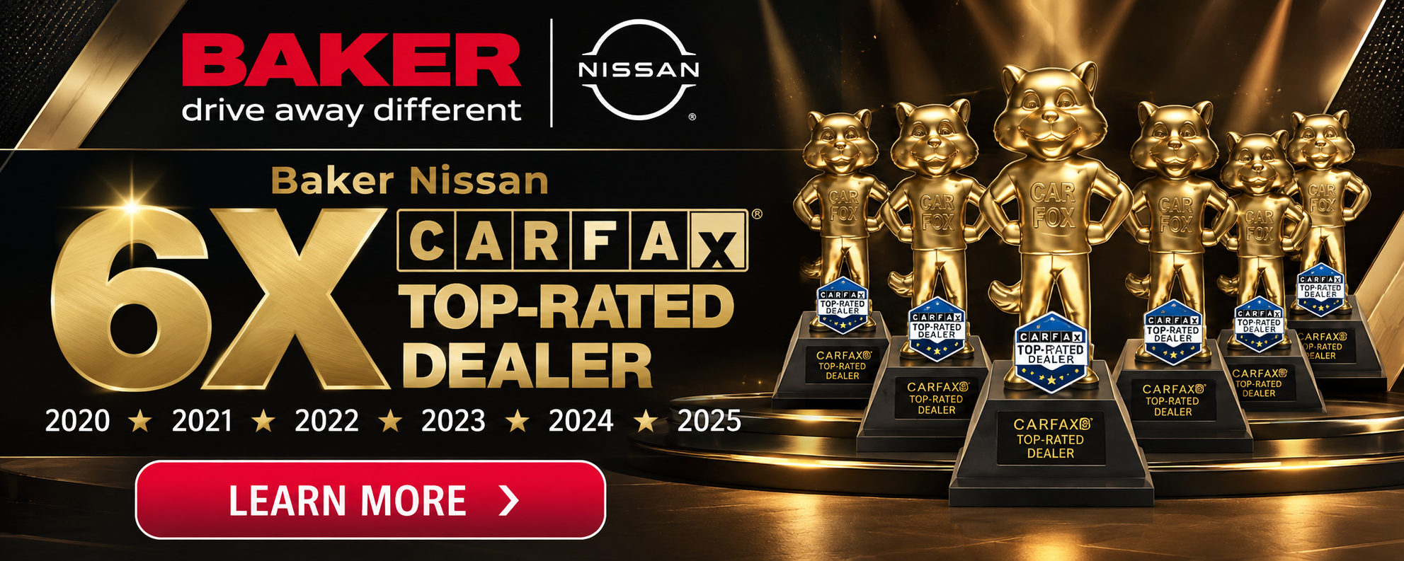 Baker Nissan Houston celebrates six consecutive CARFAX Top-Rated Dealer awards from 2020 through 2025.