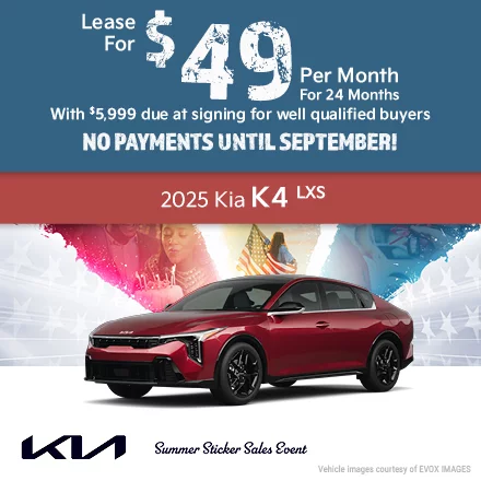 2025 Kia K4 LXS   Lease for $49 per month for 24 months with 5,999 due at signing for well qualified buyers