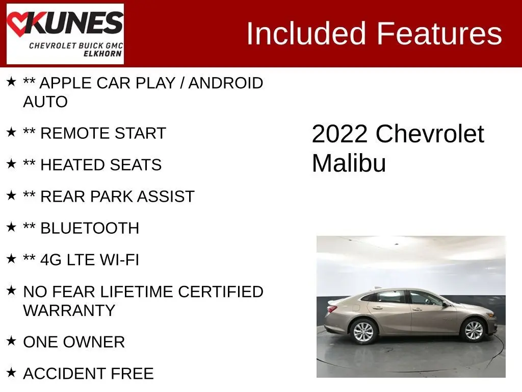 Used 2022 Chevrolet Malibu 1LT with VIN 1G1ZD5ST6NF162454 for sale in Elkhorn, WI
