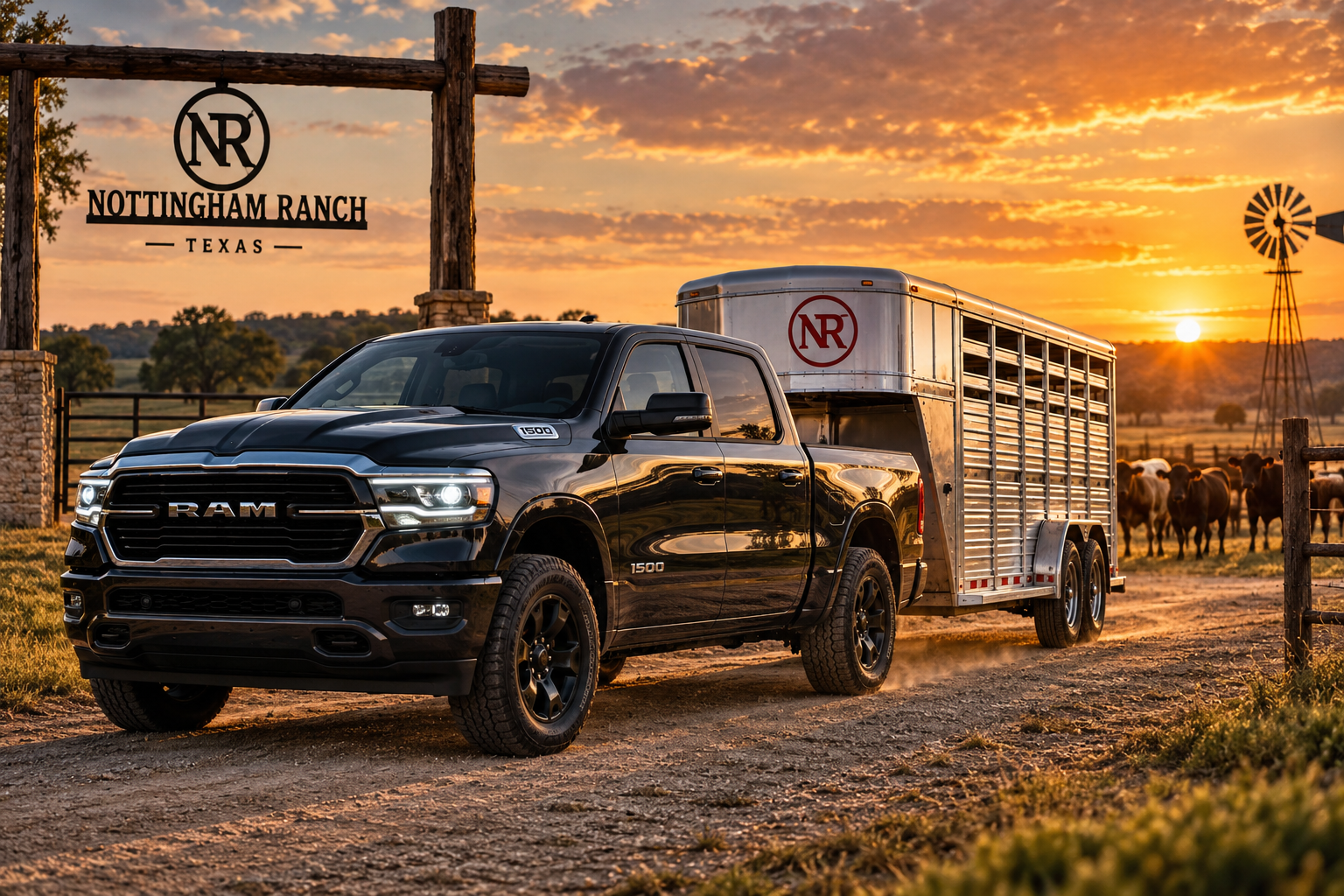 Illustrative RAM 1500 towing a livestock trailer on a Texas ranch