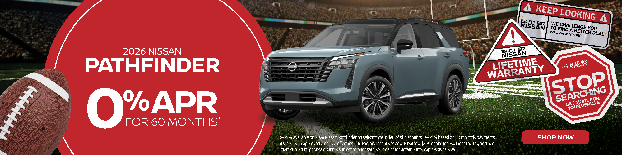 2026 Nissan Pathfinder SUV with 0% APR financing for 60 months at Butler Nissan