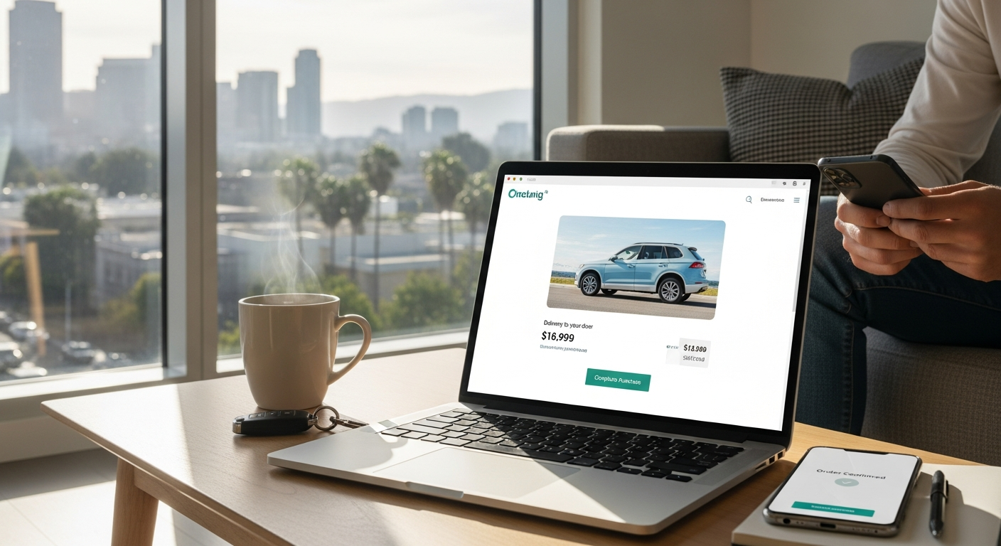 Customer completing a car purchase online from home