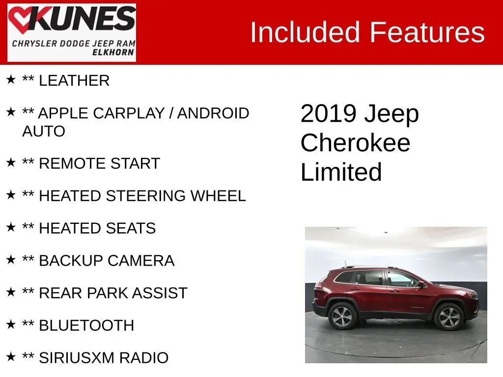 Used 2019 Jeep Cherokee Limited with VIN 1C4PJMDX3KD240231 for sale in Elkhorn, WI