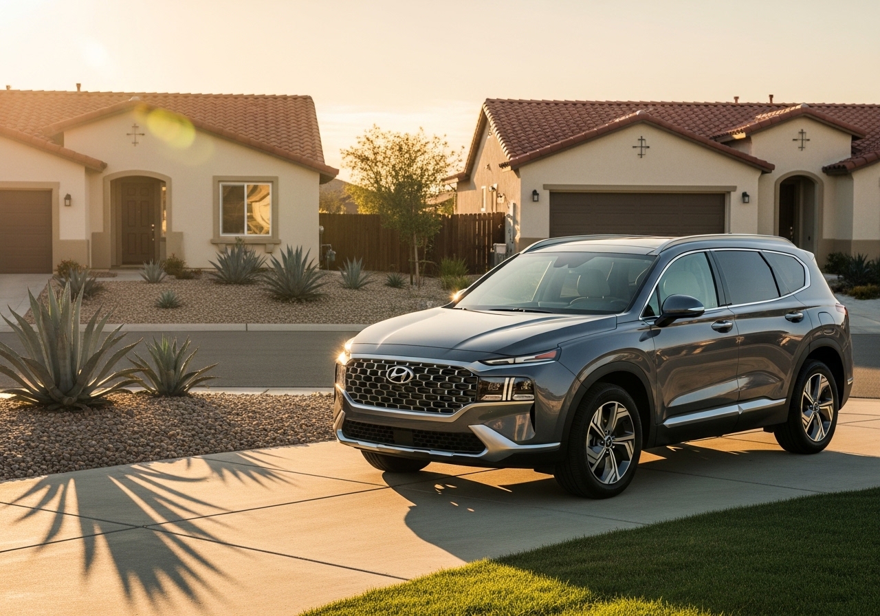 Hyundai Santa Fe Hybrid SUV in front of suburban homes