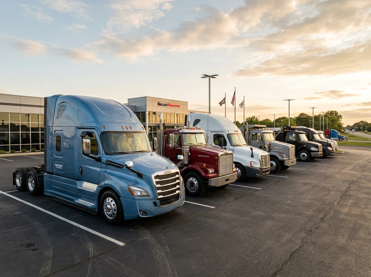 A lineup of quality used Freightliner and Western Star trucks at a SelecTrucks dealership