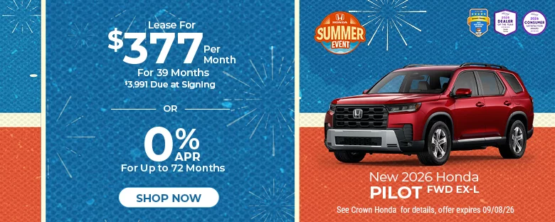 New 2026 Honda Pilot FWD EX-L Lease For $377 Per Month For 39 Months $3,991 Due At Signing Or 0% APR For Up To 72 Months