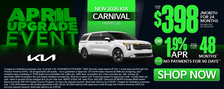 NEW 2026 Kia Carnival Hybrid LXS	"LEASE FOR $398/MO with $3,999 due at signing* OR 1.9% APR for 48 months** PLUS, NO PAYMENTS FOR 90 DAYS***"