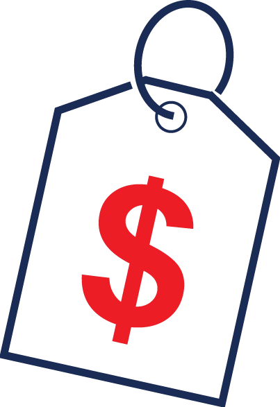 Icon for simplified buying is a red dollar sign within a white price tag with a blue outline.