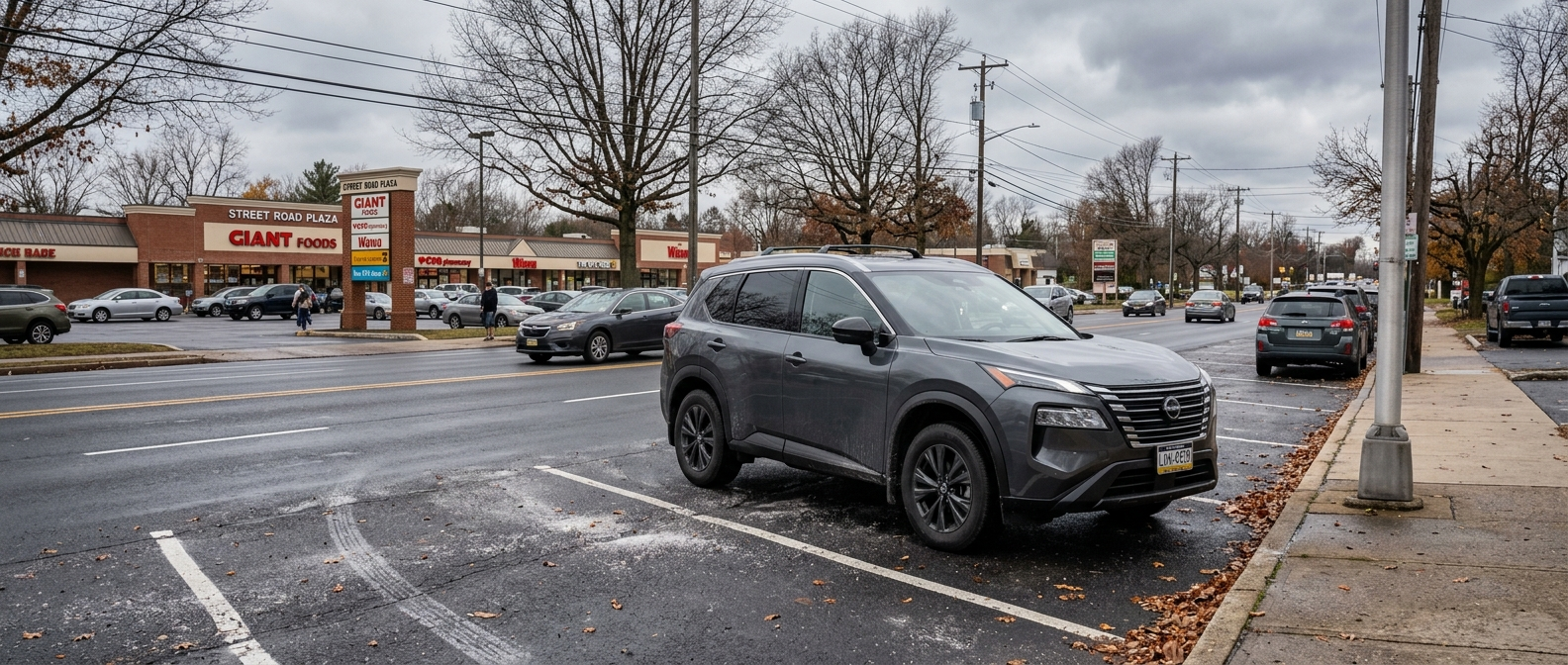 2026 Nissan Rogue AWD on a wet salt-dusted Street Road in Warminster, PA on an overcast autumn day