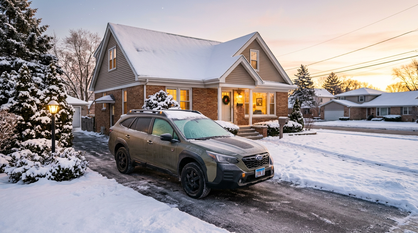 Frosty Chicago morning with car in snow, sunrise glow