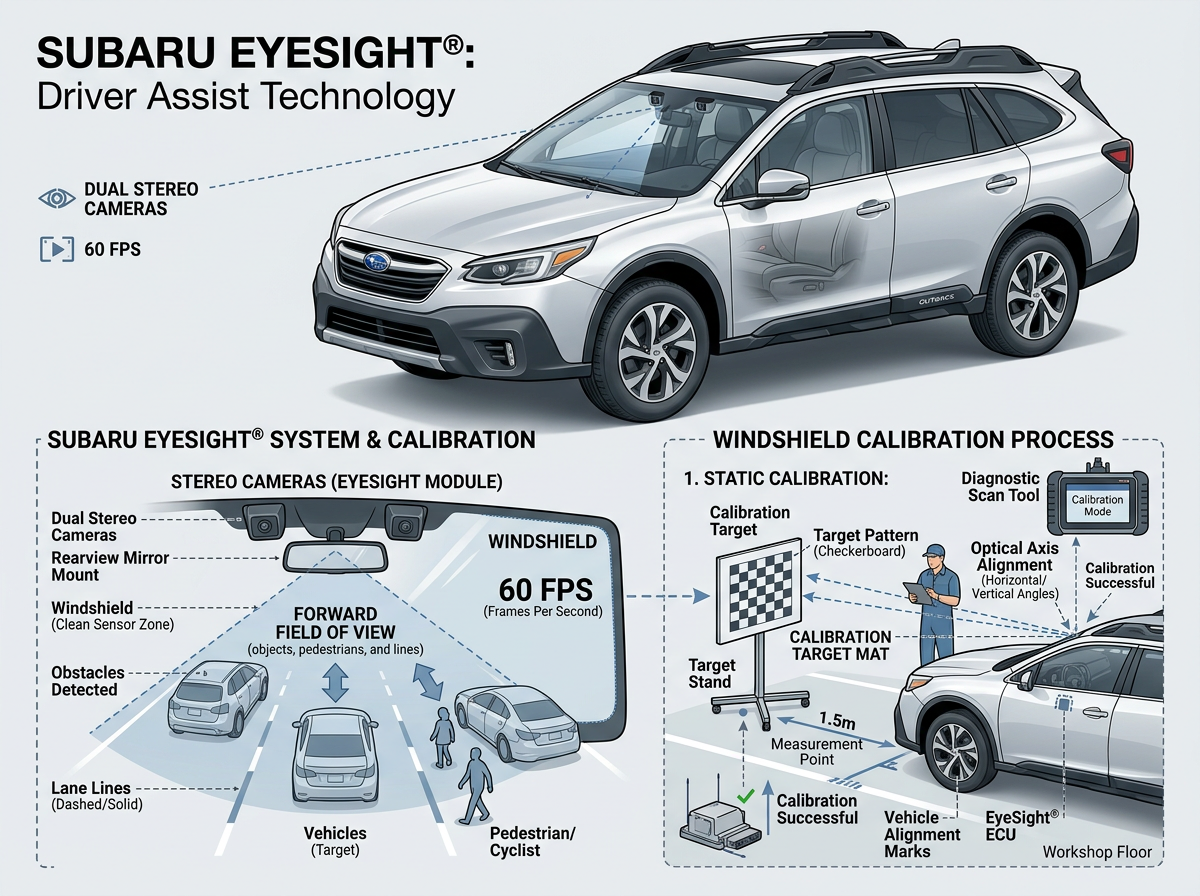 Wet windshield and forward view — conditions where EyeSight® assists.