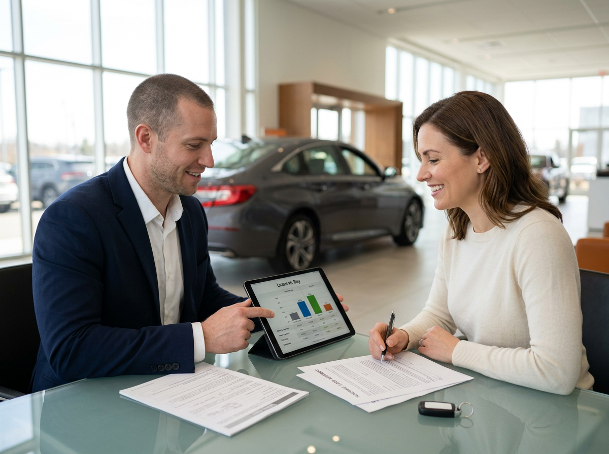 A customer discussing lease vs buy options with a car dealership representative