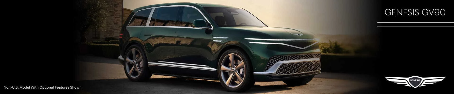 Green Genesis GV90 luxury SUV shown in front of an upscale residence, with Genesis GV90 branding and logo.
