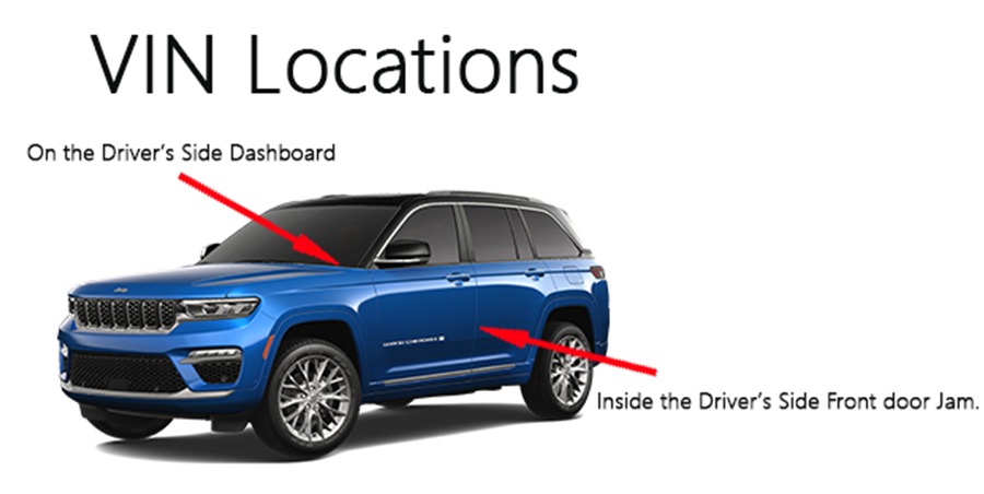 Diagram of VIN locations on a blue SUV: driver’s side dashboard and inside the driver’s side front door