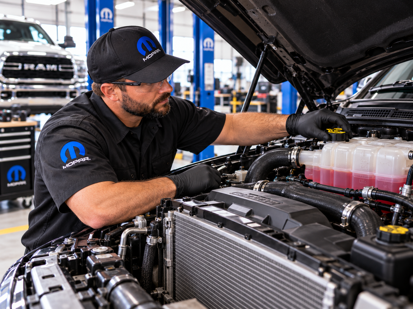 Mopar technician inspecting the cooling system and coolant reservoir on a RAM heavy-duty diesel truck