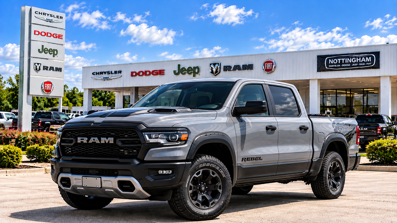 Gray RAM 1500 Rebel off-road pickup truck at Bonham Chrysler in Bonham, Texas