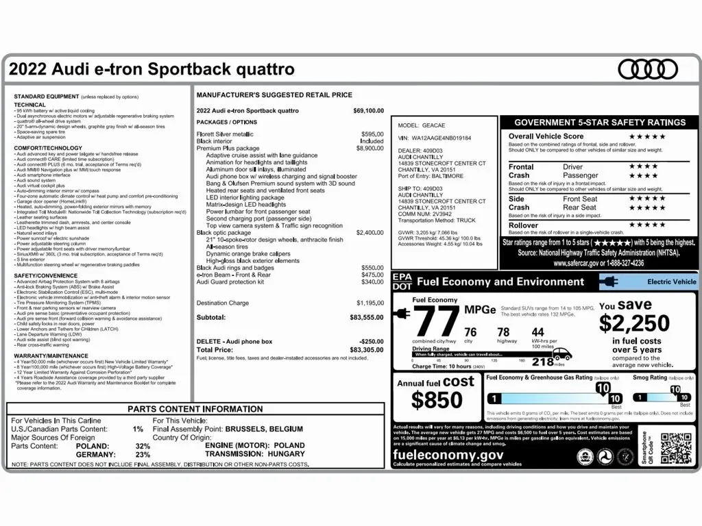 Used 2022 Audi e-tron Sportback Premium Plus with VIN WA12AAGE4NB019184 for sale in Trooper, PA