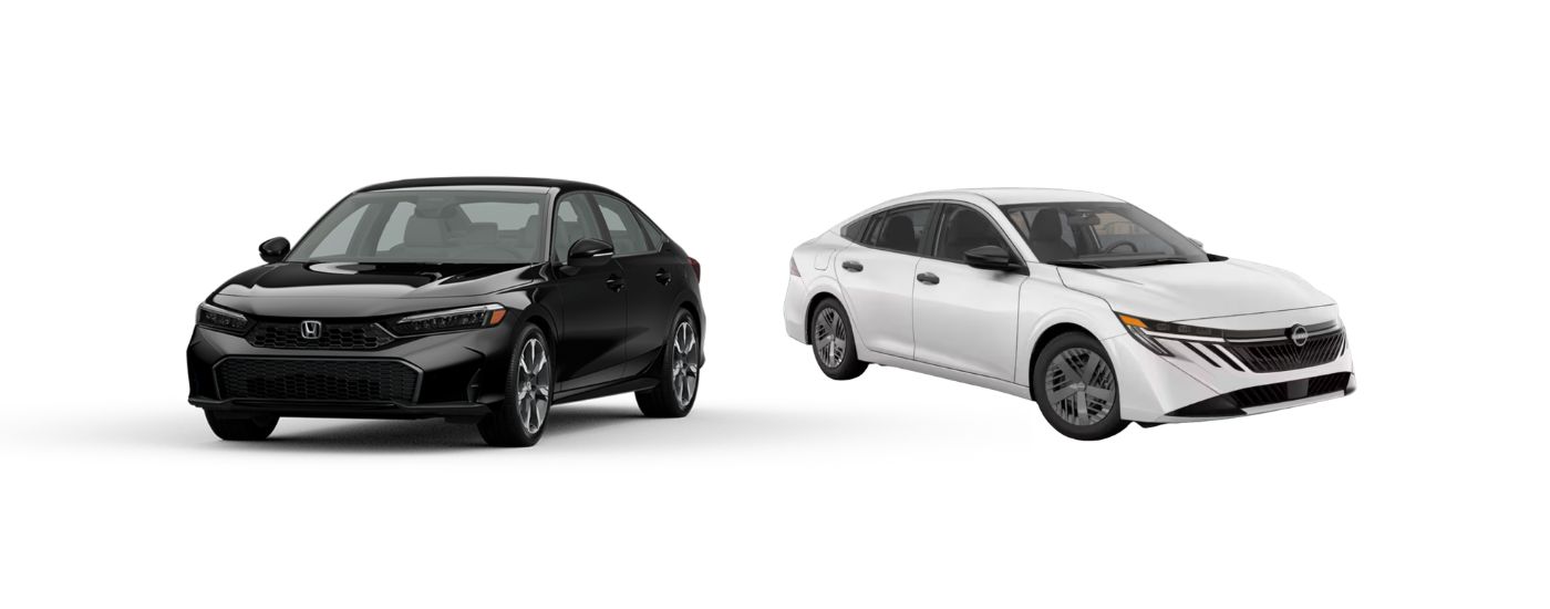 A black 2026 Honda Civic angled left and a white 2026 Nissan Sentra angled right.